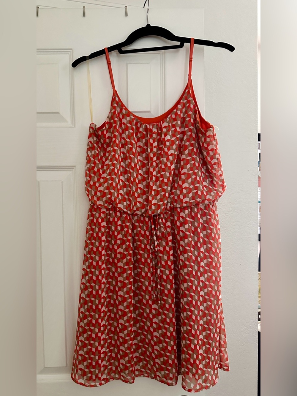 Anthropologie Bird Cage Orange & Brown Geometric Spaghetti Strap Dress, EUC